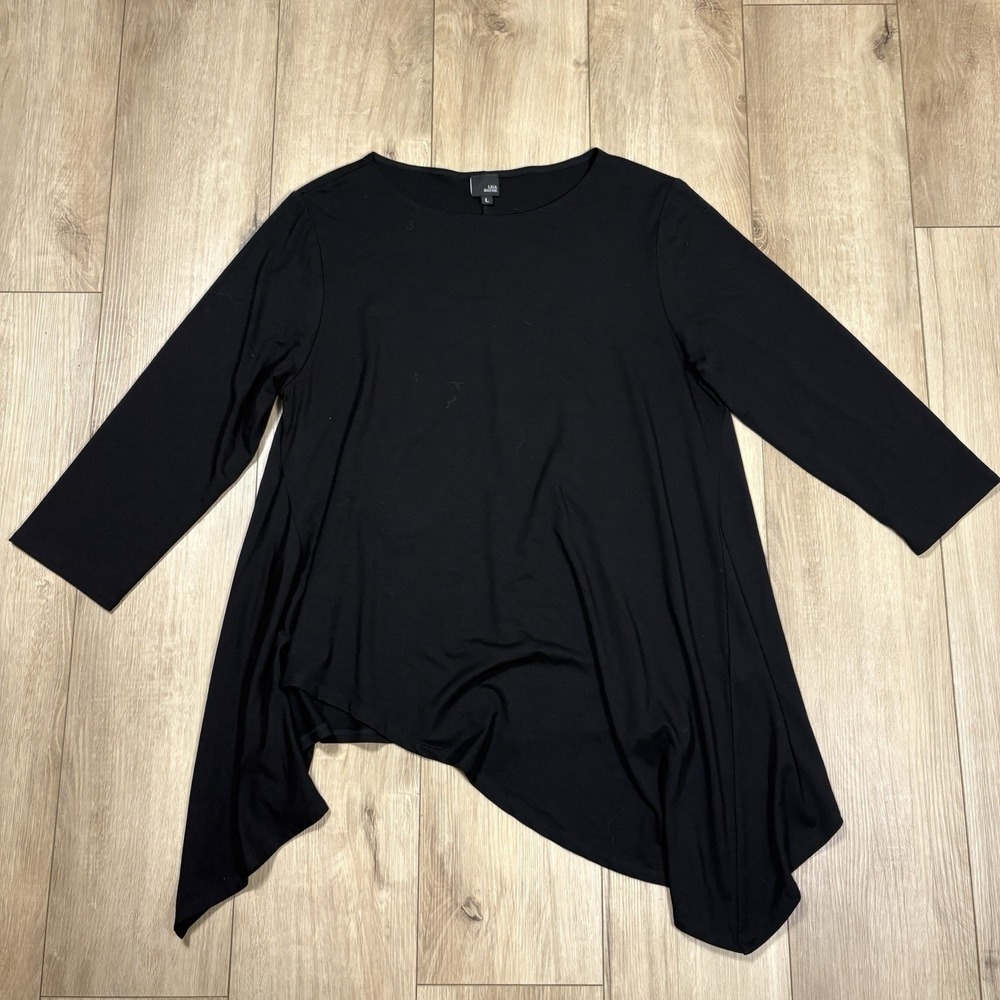 Lisa Bayne Asymmetric Jersey Tunic Top Crewneck Women Large Black Stretch Artsy